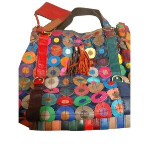 Ameri Leather Multi-Colored Leather Patchwork Tote Bag With Red Accent Pouch & T